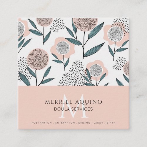 Doula Services Monogram Hand Drawn Floral Square Business Card