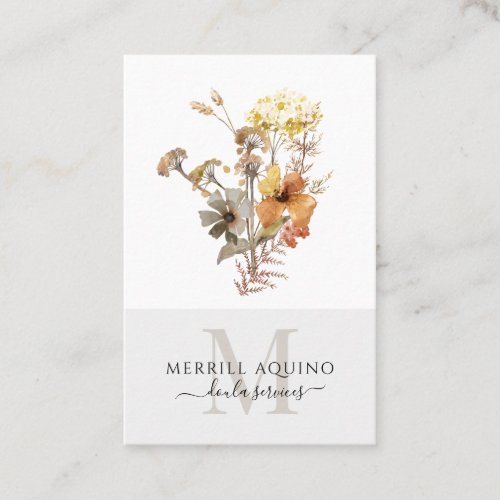 Doula Services Monogram Watercolor Floral  Business Card