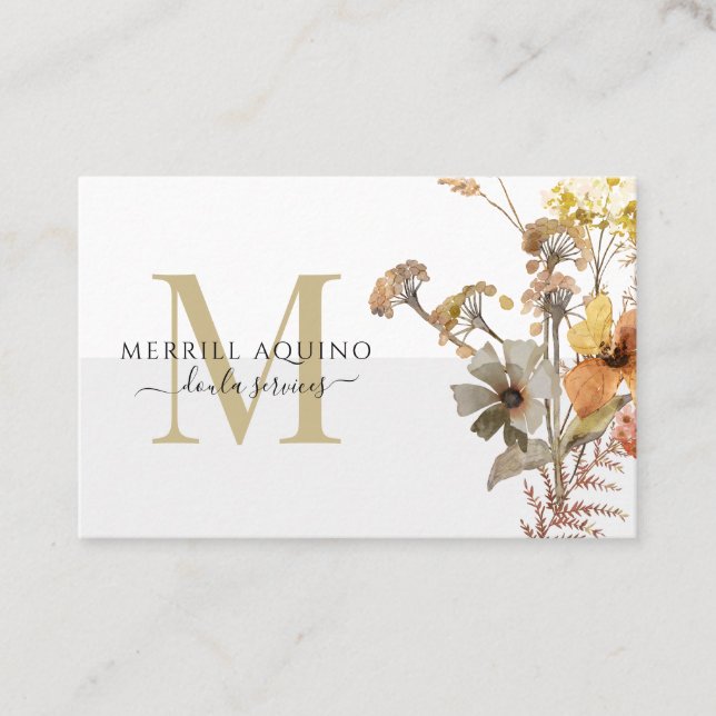 Doula Services Monogram Watercolor Wildflowers Business Card (Front)