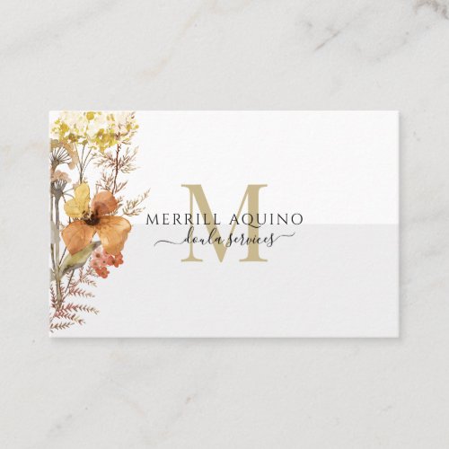 Doula Services Monogram Watercolor Wildflowers Business Card
