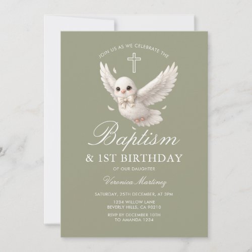 Dove Baptism & 1st Birthday Sage Green Floral Invitation