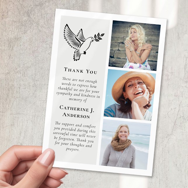 Dove Bird 3 Photo Sympathy Funeral Thank You Card (Creator Uploaded)