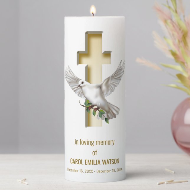 Dove Bird Funeral Memorial Pillar Candle (In Situ)