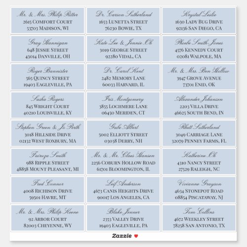 Dove Blue Elegant Script 24 Wedding Guest Address Sticker