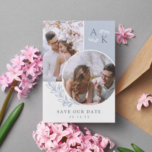 Dove Blue Greenery Overlapping Photos Save The Date