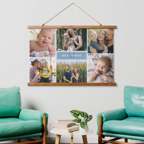 Dove Blue Modern 6 Photo Collage  Name Hanging Tapestry