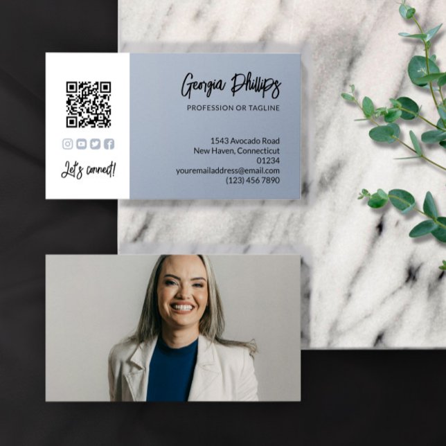 Dove Blue QR Code Photo Social Media Icons Business Card (Creator Uploaded)