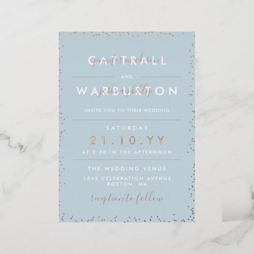 Dove Blue  Rose Gold Typography Confetti Wedding Foil Invitation