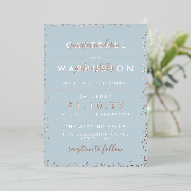 Dove Blue & Rose Gold Typography Confetti Wedding Foil Invitation (Standing Front)