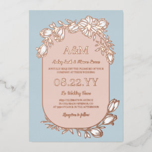 Dove Blue Rose Gold White Floral Frame Wedding Foil Invitation