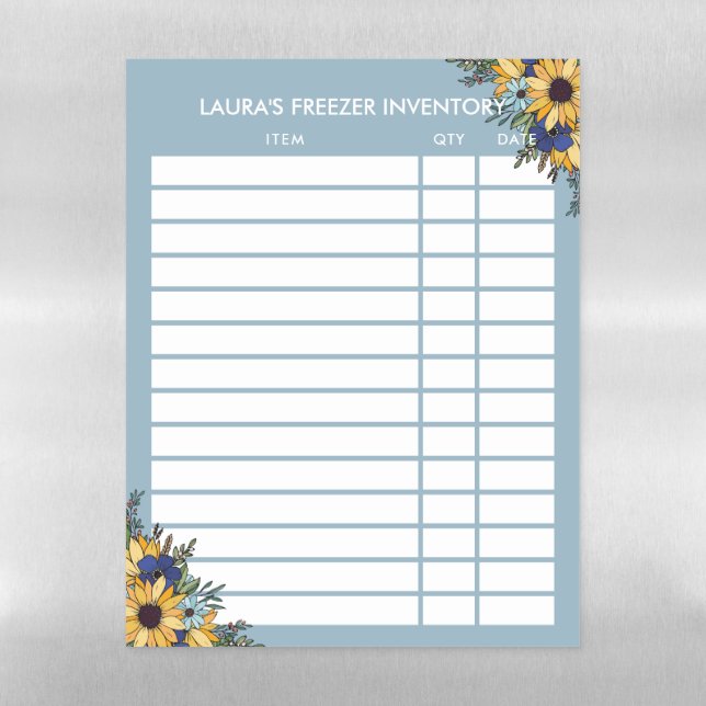 Dove Blue Sunflower Freezer Inventory Magnetic Dry Erase Sheet (Vertical)