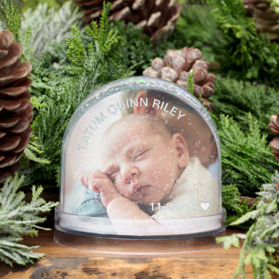 Dove Blue White Name & Date Newborn Photo Snow Globe