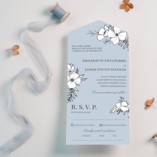 Dove Blue  White Pretty Flowers Wedding All In One Invitation