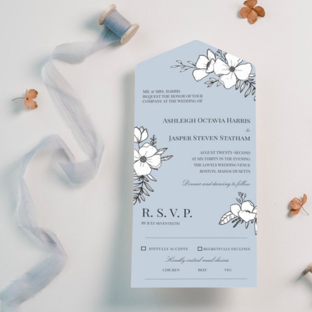 Dove Blue & White Pretty Flowers Wedding All In One Invitation (Creator Uploaded)