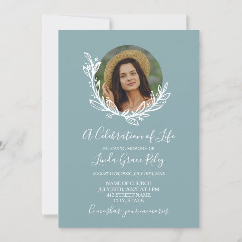 Dove Blue Wreath Round Photo Celebration of Life  Invitation