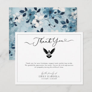 Dove Cross Blue Floral Funeral Thank You Card