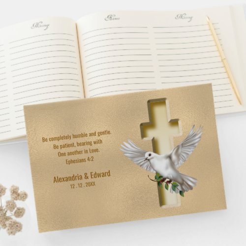 Dove Cross Gold Faux Foil Wedding Guest Book