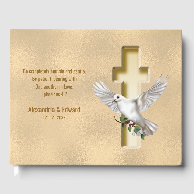 Dove Cross Gold Faux Foil Wedding Guest Book (Front)