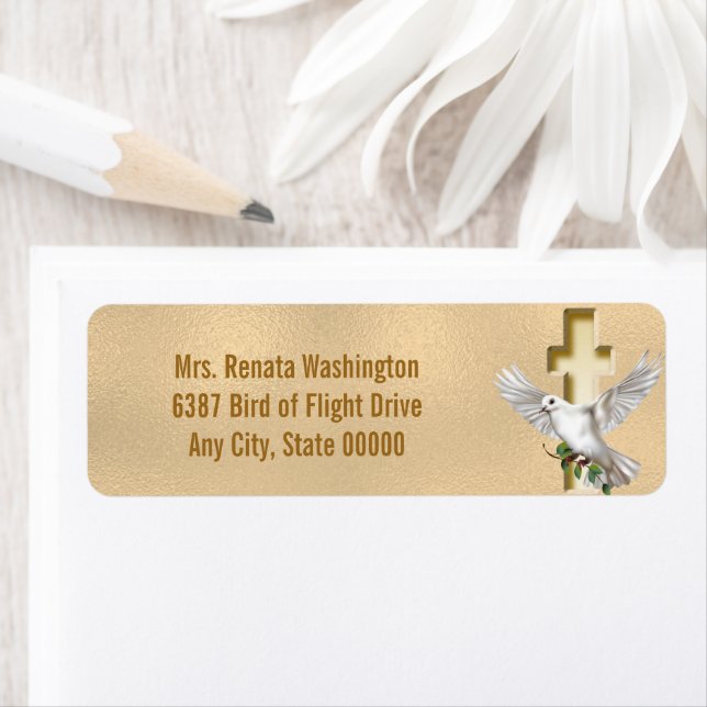Dove Cross Gold Faux Foil Wedding Label (Insitu)