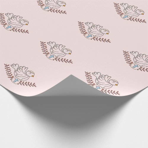 Dove Cross Religious Baptism Christening Baby Girl Wrapping Paper