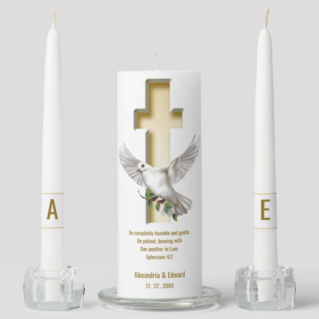 Dove Cross Scripture Verse Ephesians 4:2 Wedding Unity Candle Set (Front)