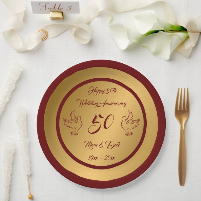 Dove Customize Happy Gold 50th Anniversary Paper Plates (Wedding)