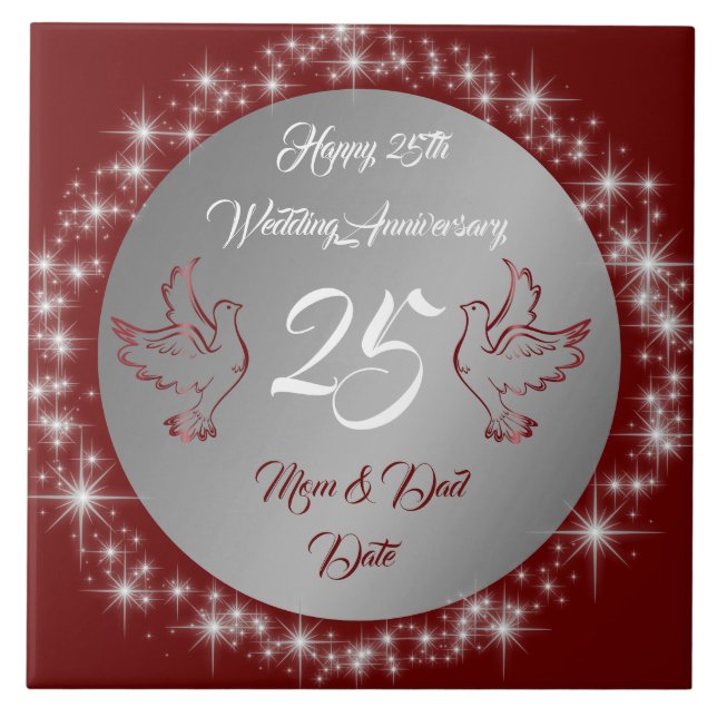 Dove Customize Happy Silver 25th Anniversary Ceramic Tile (Front)