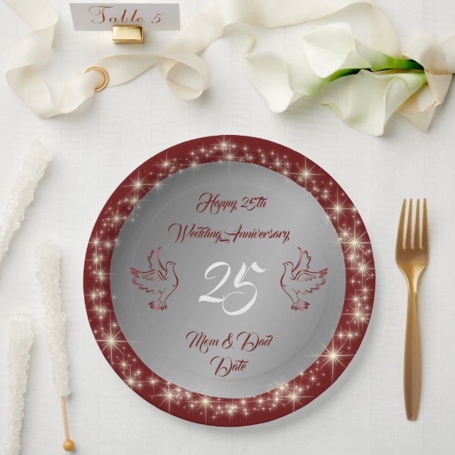 Dove Customize Happy Silver 25th Anniversary Paper Plates (Wedding)