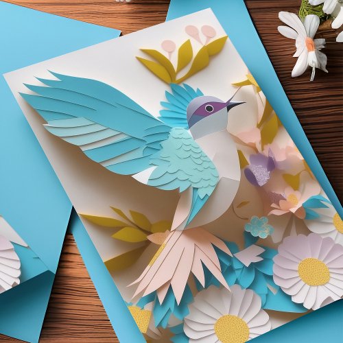 Dove  Daisy Flowers Blue Pastel Cut Paper Bird Thank You Card