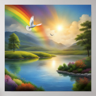 Dove Flying Over a Serene Landscape Poster