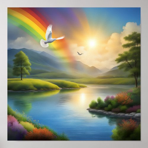 Dove Flying Over a Serene Landscape Poster