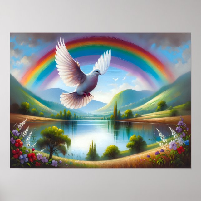 Dove Flying Under a Rainbow Poster (Front)