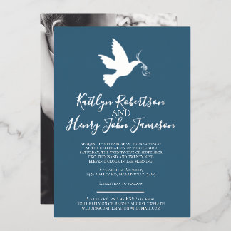 Dove gold blue gray simple wedding custom photo foil invitation