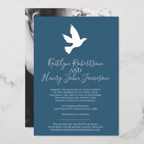 Dove gold blue gray simple wedding custom photo foil invitation