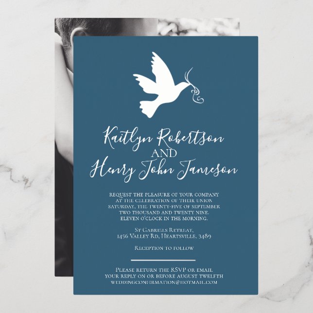Dove gold blue gray simple wedding custom photo foil invitation (Front/Back)