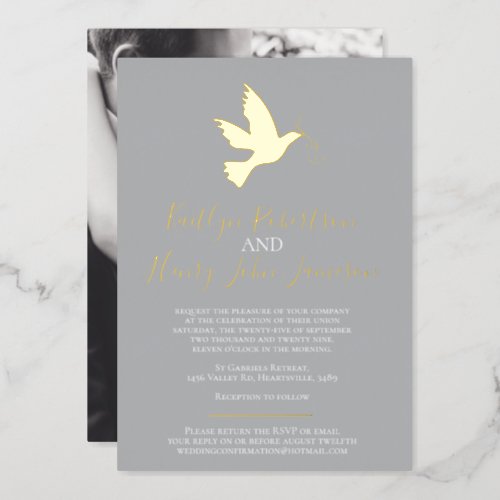 Dove gold gray simple wedding with photo foil invitation