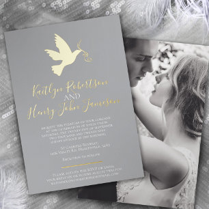Dove gold gray simple wedding with photo foil invitation