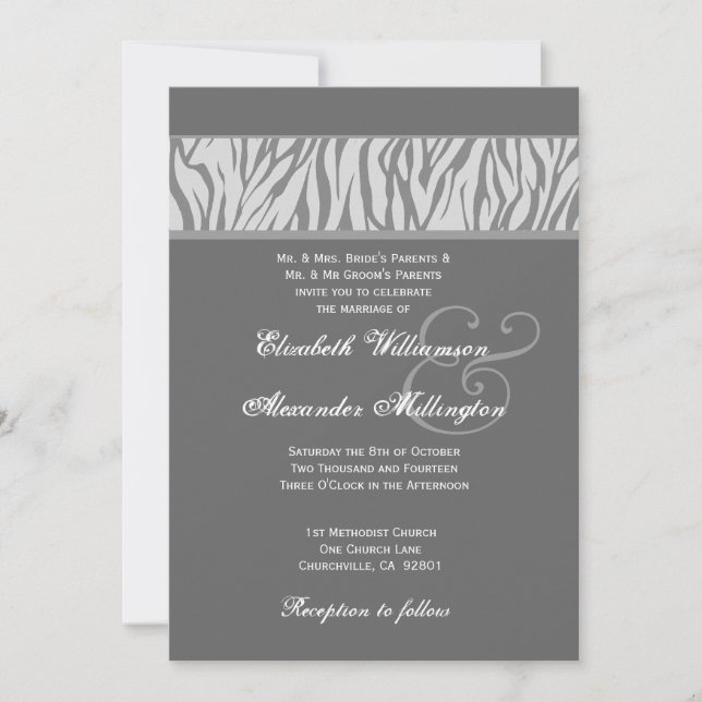 Dove Gray and Silver Zebra Wedding Paper Invitation (Front)