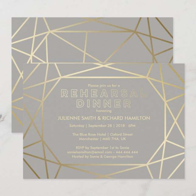 Dove Gray & Gold Sophisticated Rehearsal Dinner Invitation (Front/Back)
