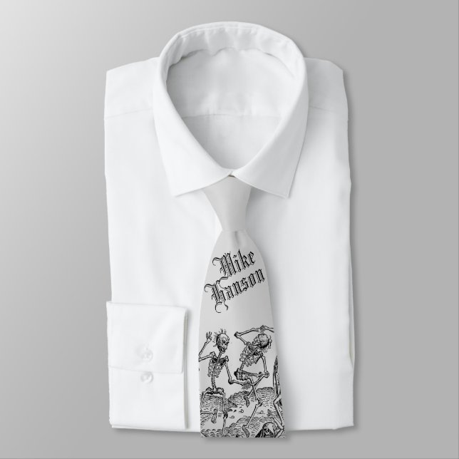 Dove Gray Gothic Black Death Dancing Skeletons Neck Tie (Tied)