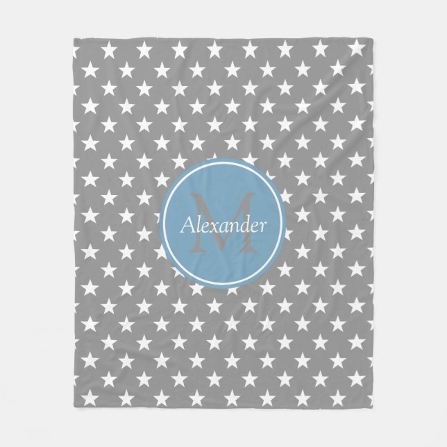 Dove Grey and Carolina Blue Stars Monogram Fleece Blanket (Front)