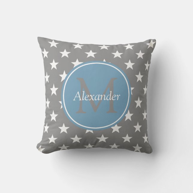 Dove Grey and Carolina Blue Stars Monogram Throw Pillow (Front)