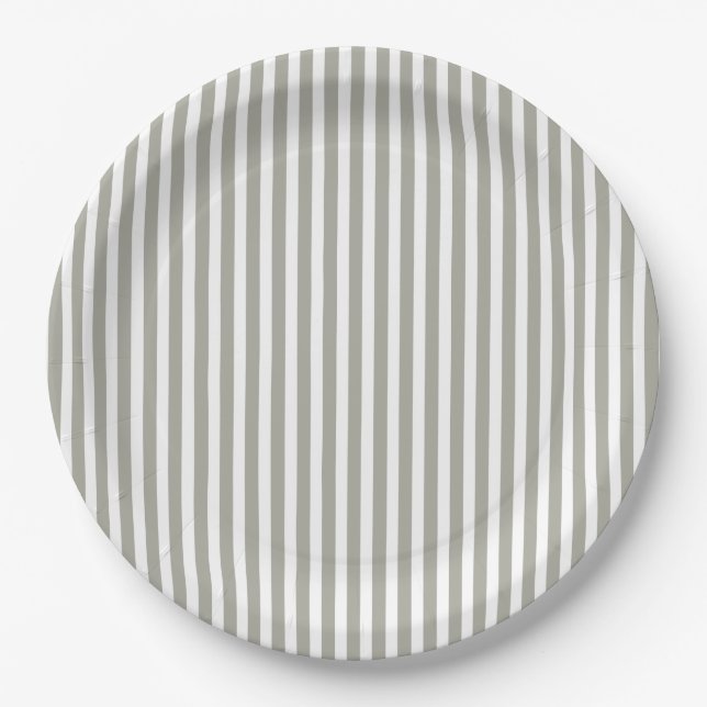 Dove Grey and White Cabana Stripes Paper Plates (Front)