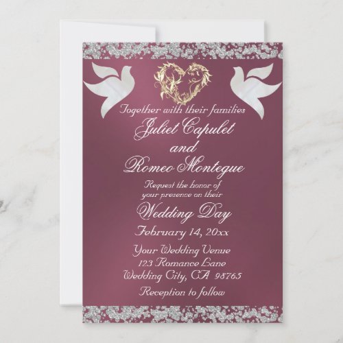 Dove Heart  Glitter Border on Purple Invitation