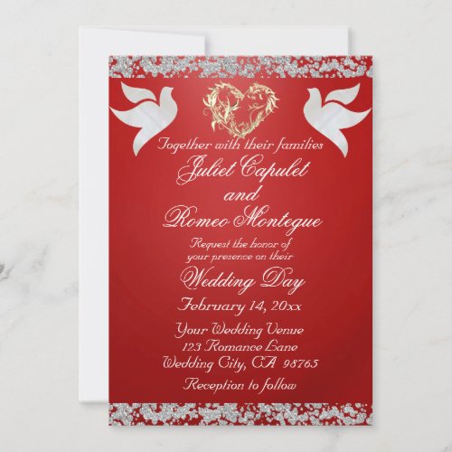 Dove Heart  Glitter Border on Red Background Invitation