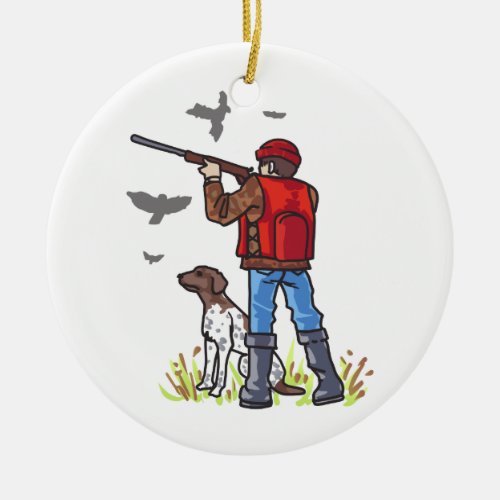 DOVE HUNTER AND DOG CERAMIC ORNAMENT