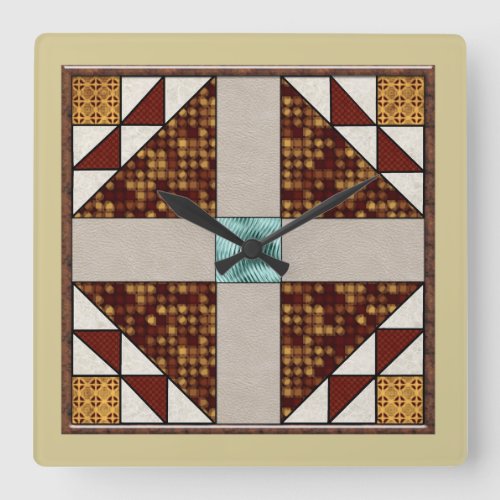 Dove in Window Quilt Block Brown Cream no numbers Square Wall Clock