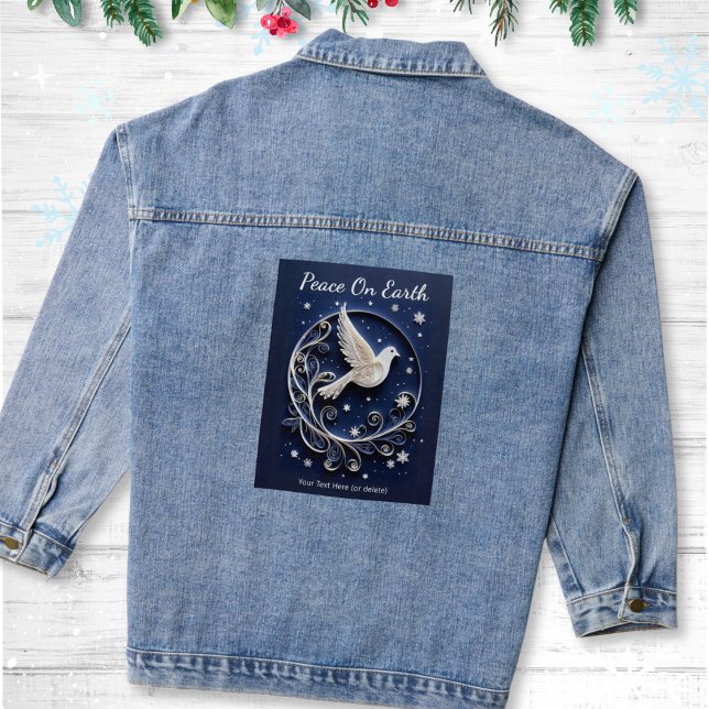 Dove of Peace Elegant Faux Papercraft NIght Sky Denim Jacket (A festive denim jacket with Dove of Peace design on the back, 'Peace On Earth' words and custom text)