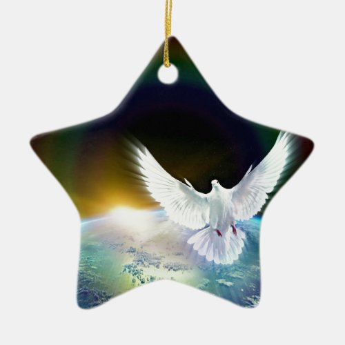 Dove of Peace Holy Spirit over Earth with Rainbow Ceramic Ornament