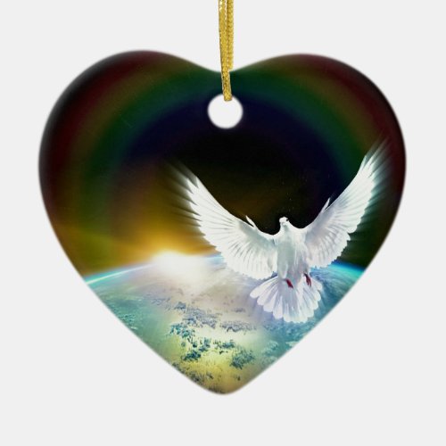 Dove of Peace Holy Spirit over Earth with Rainbow Ceramic Ornament